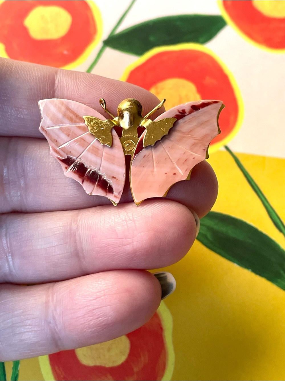 Vintage goldtone & pink shell butterfly brooch wilderkind boho